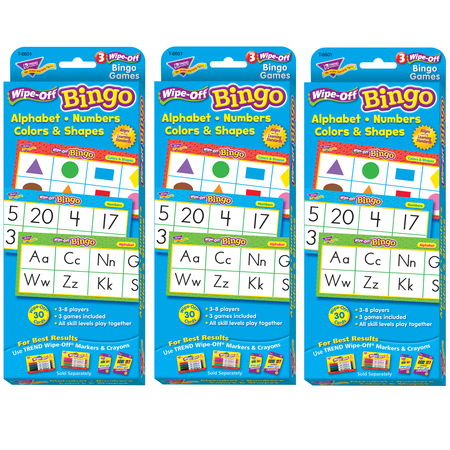 TREND ENTERPRISES Alphabets, Number, Shapes and Colors Wipe-Off Bingo Cards, PK3 T6601